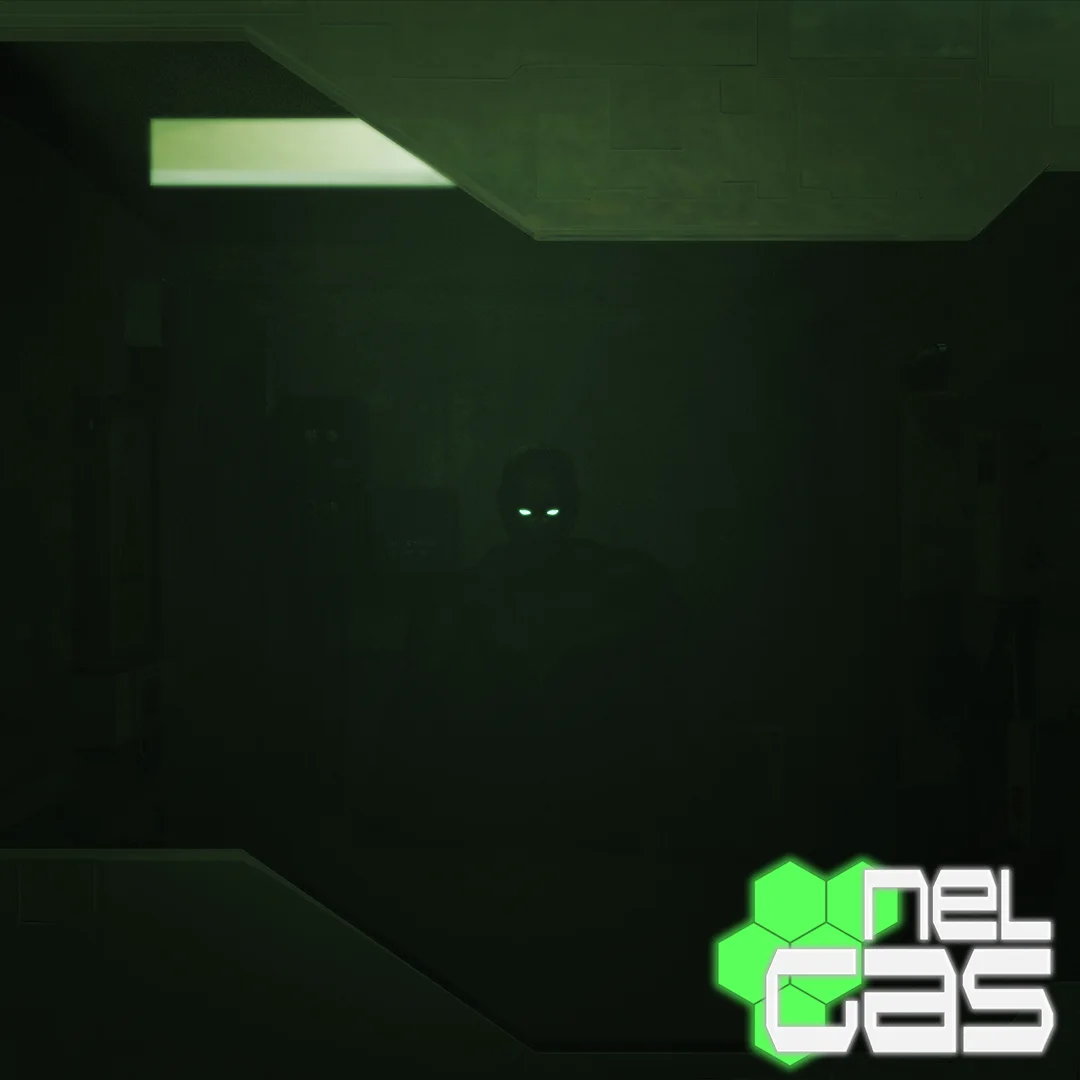 Nel Gas cover: a figure with glowing eyes in a green corridor