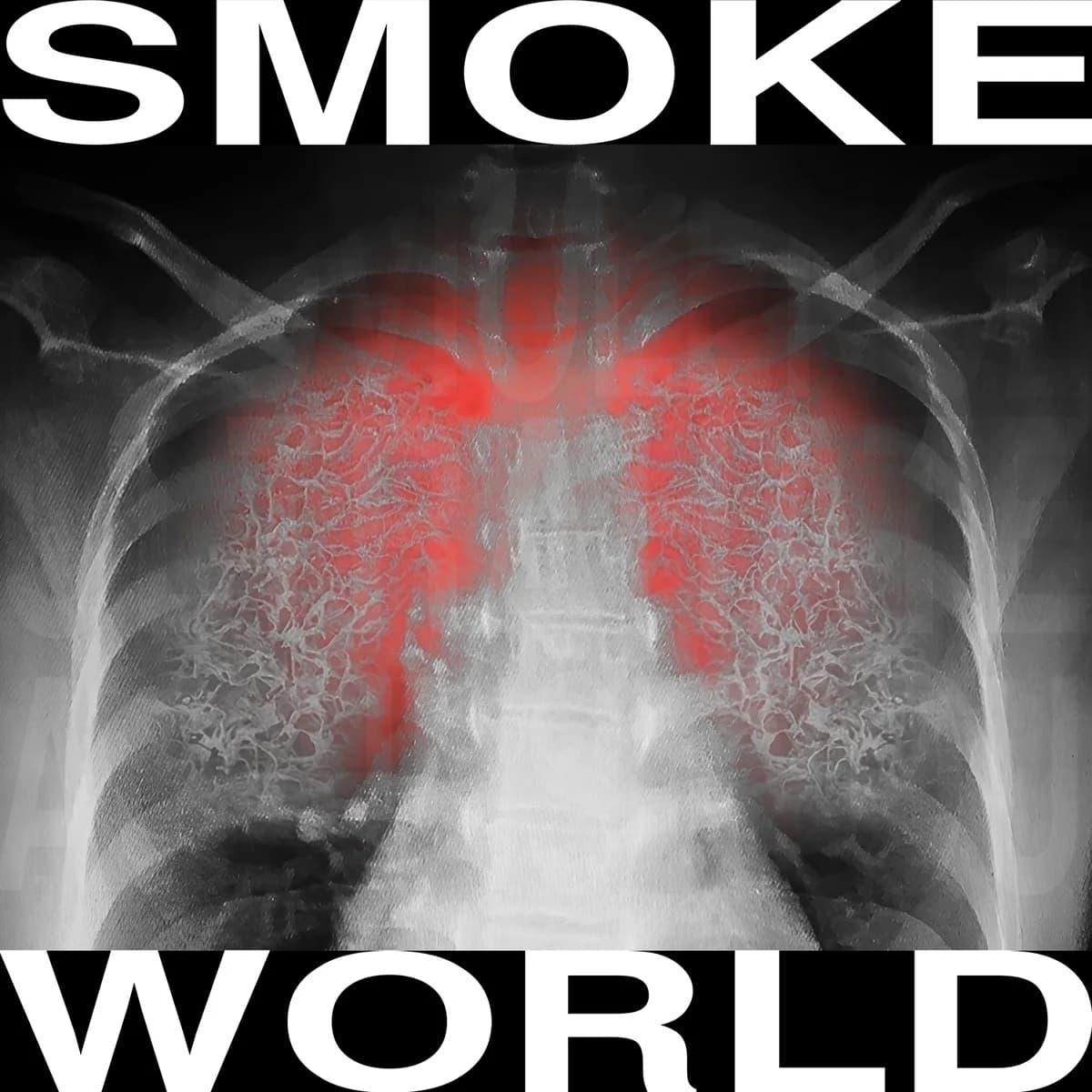 Smoke World cover: a chest X-ray with red lungs