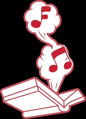 An open book with music notes rising from it
