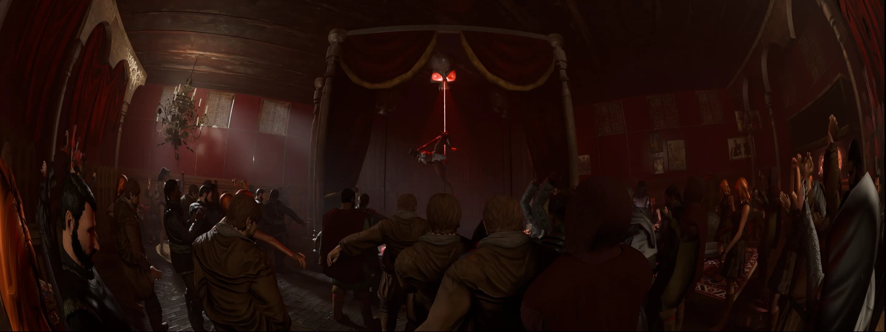 Render: a red interior lit by lamps