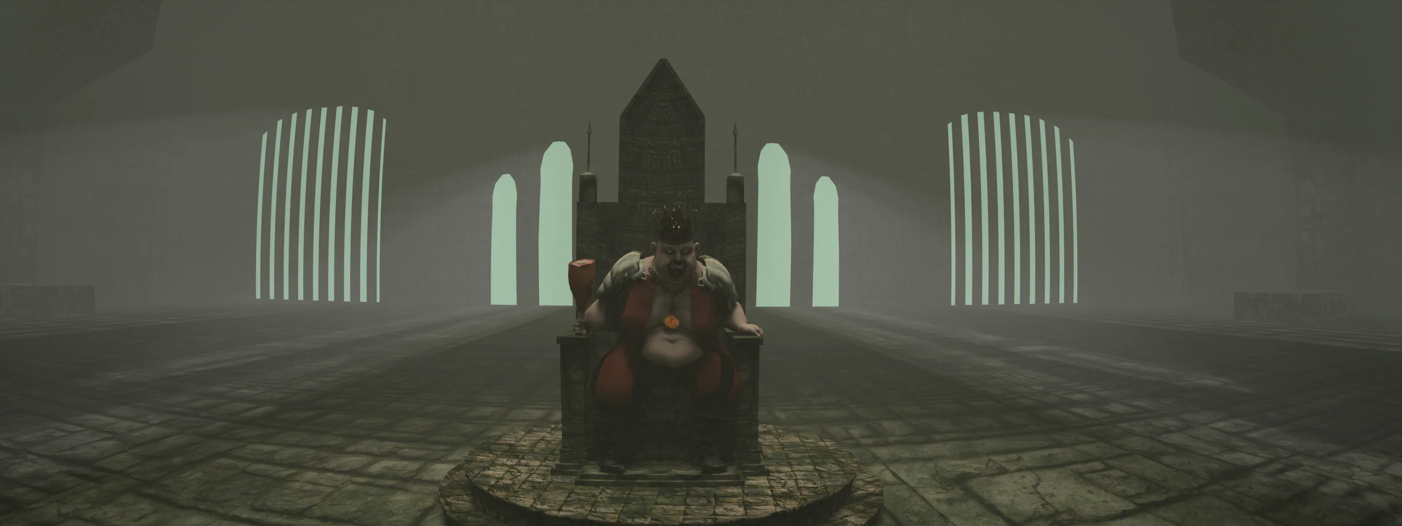 Render: a king on his throne between pale windows