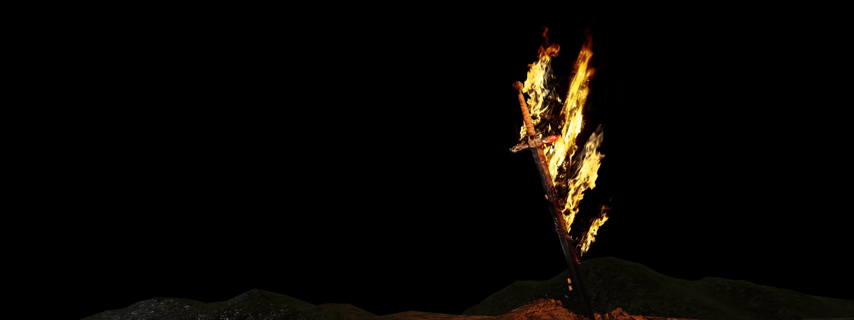 Render: a burning sword stuck in the ground