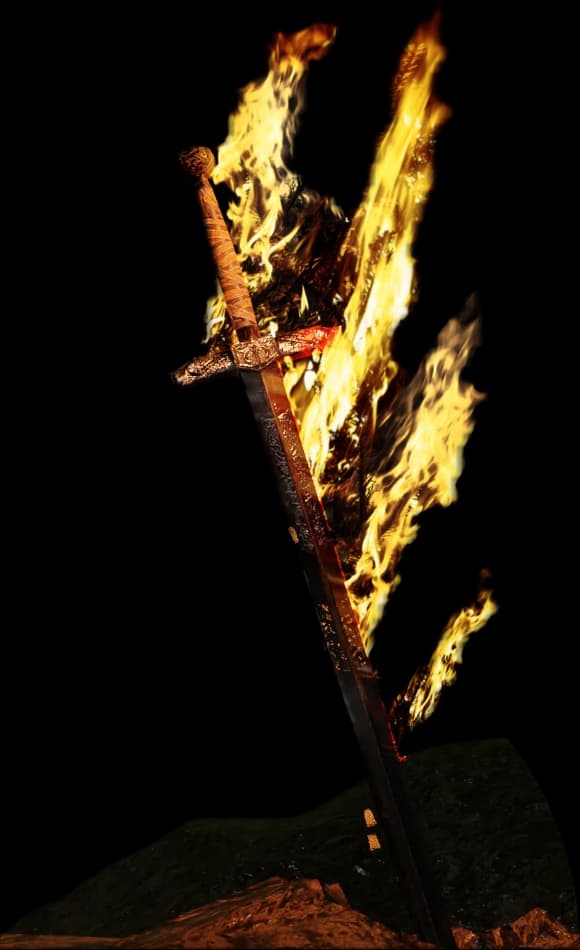 A sword on fire, stuck in a mound of rock